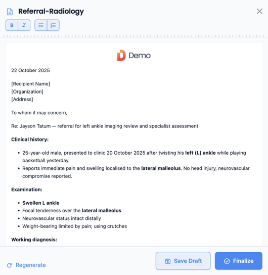 Automated letter generation for referrals, medical certificates, and specialist reports
