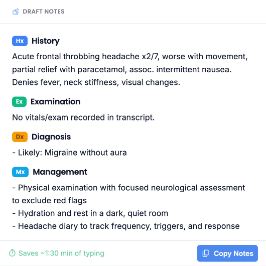 Auto-generated clinical notes ready for EHR integration