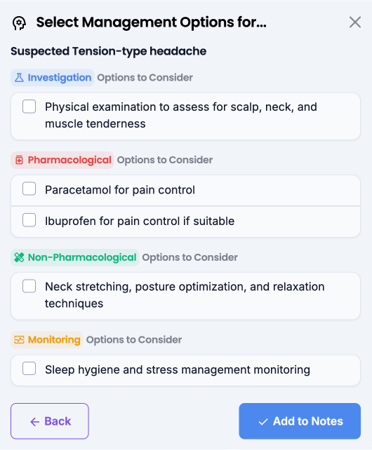 Differential diagnosis and management considerations displayed in clinical interface