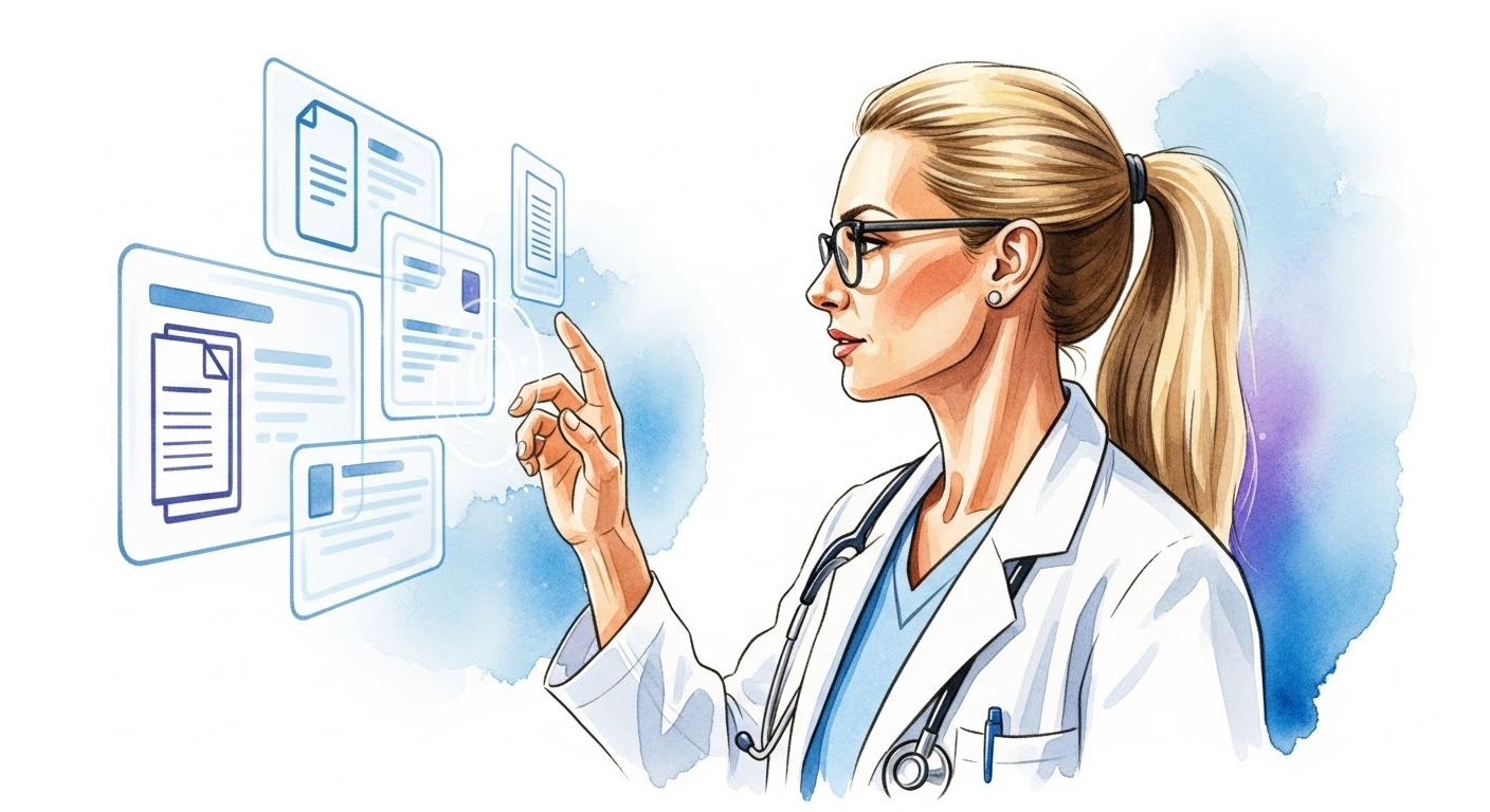 Medical practitioner reviewing structured patient history summary