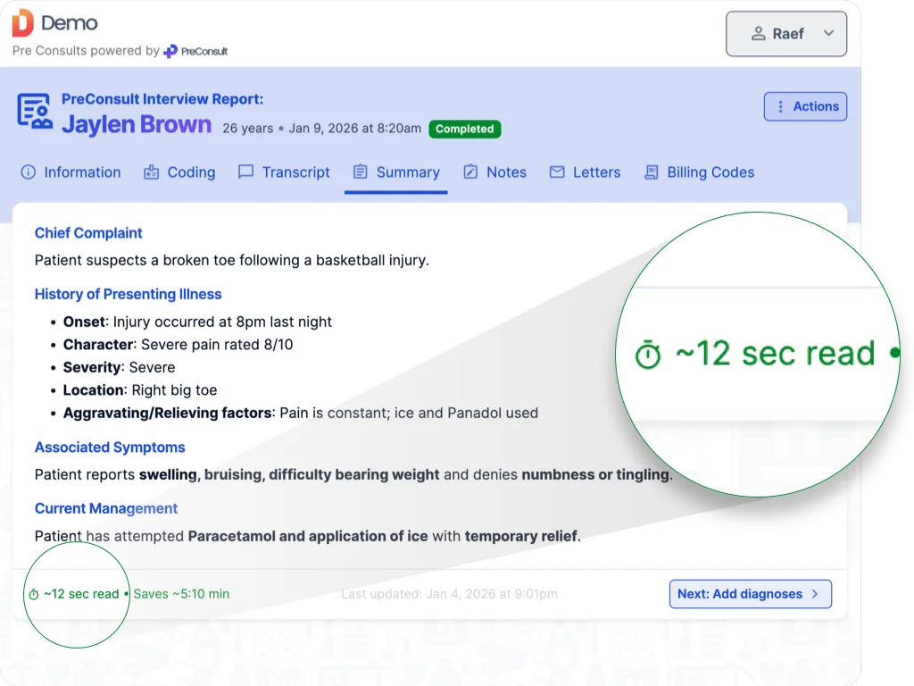 PreConsult clinical summary showing patient history, symptoms, and structured findings
