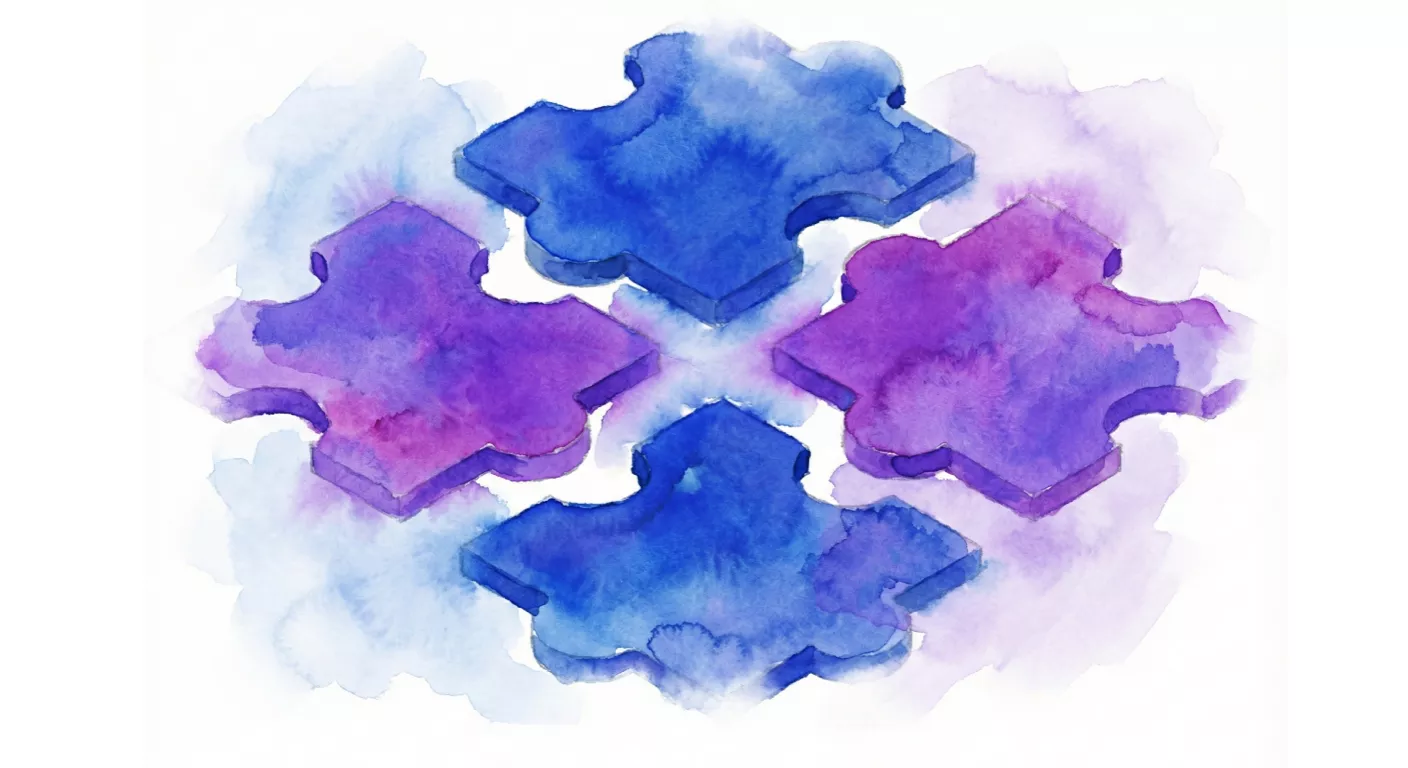 Four puzzle pieces connecting together representing seamless system integration